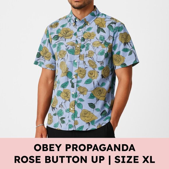 🌹 OBEY Rose Print Button-Up — Blue (XL) — Streetwear Floral Shirt - Picture 1 of 13